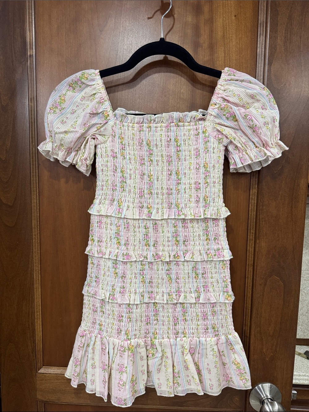 KatieJ Pink Floral Smocked stretch Tiered Dress